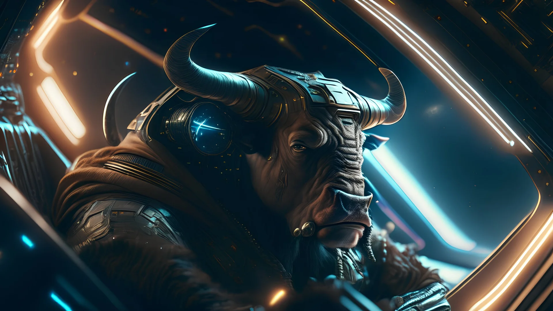 portrait of a suave bounty hunter bull in his spaceship. intricate details. photo real. 8k. subtle light streaks