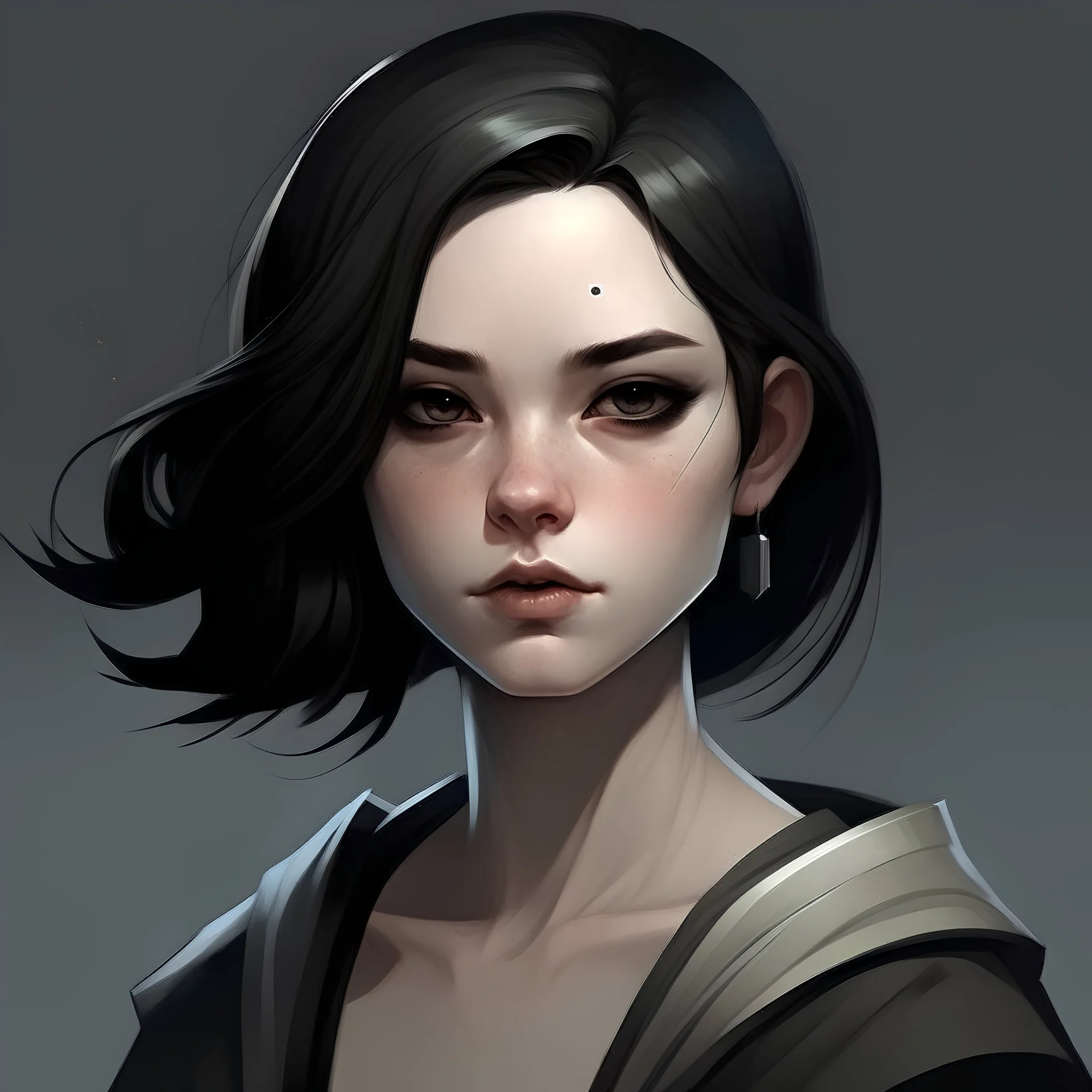 head and shoulders, human girl, pale skin, medium black hair, jedi, playful smirk