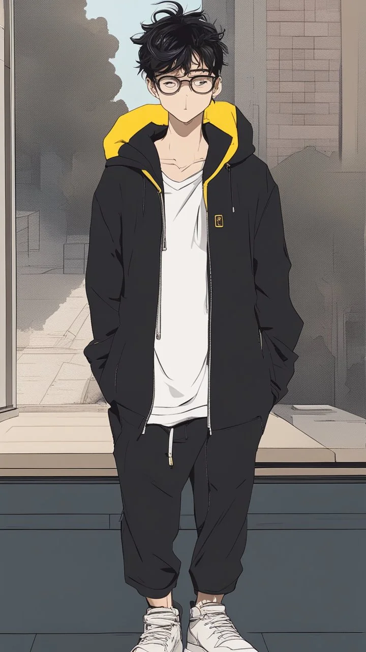 generate a tall guy with green eyes, black short hair, black rectangular glasses, plump lips, wide shoulders, in a black sweatshirt, black pants with pockets on the hips, yellow short socks, in black sneakers, wide shoulders, the guy is crying