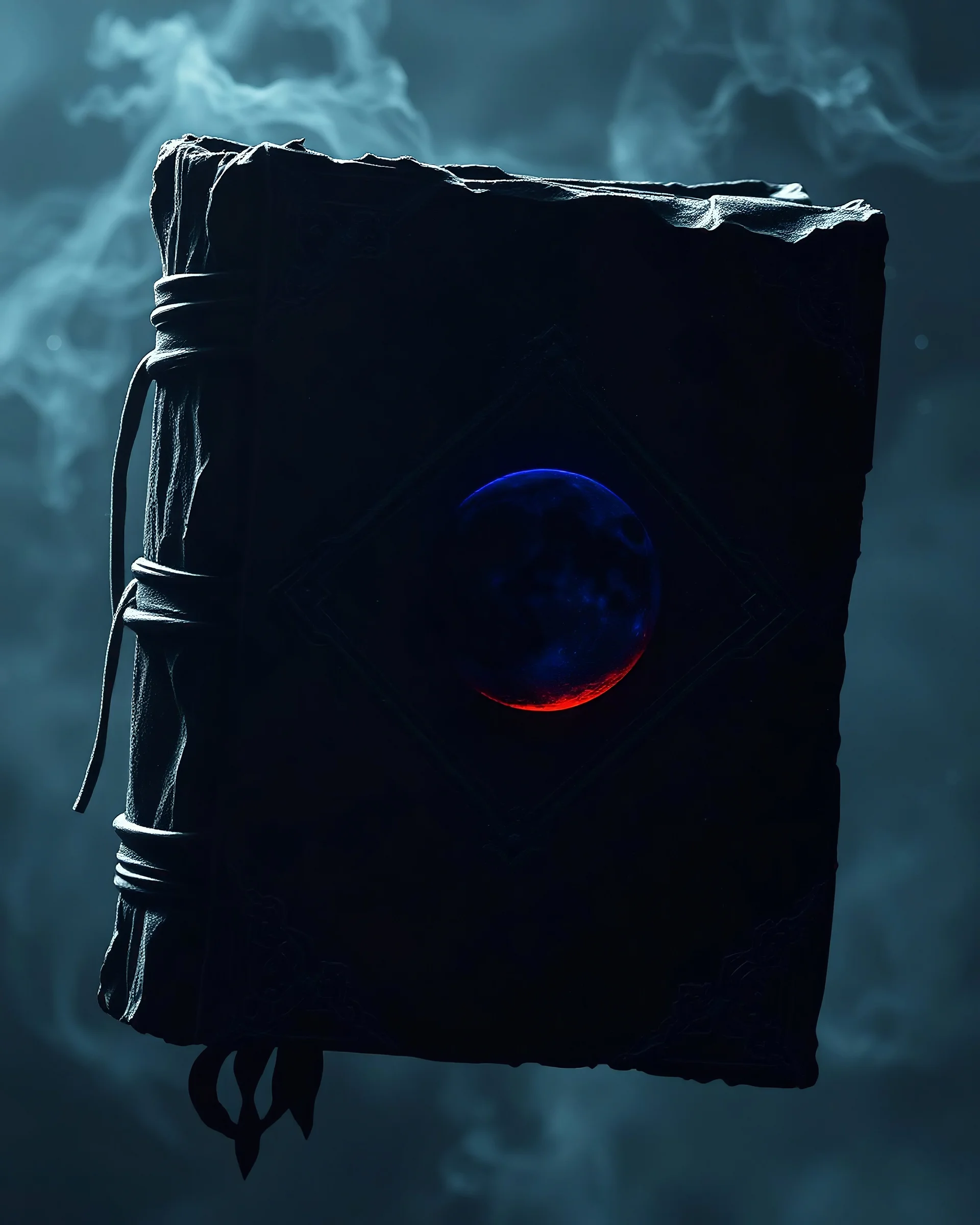 a high definition picture of a battered dark grimoire made of shadow and magic, its cover is wispy and shifty. It floats in outer space. It has as a symbol of a moon that glows with a blue and red glow in moonlight. It is magical in nature, not made from the material found in the world of the living.