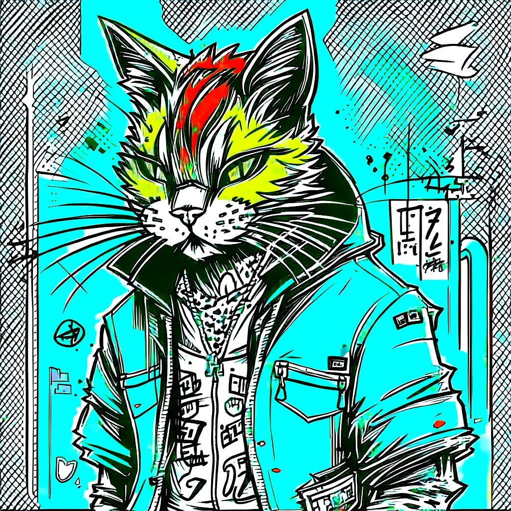 Dibujo de un Cat punk con chaqueta, estilo grafiti , NFT