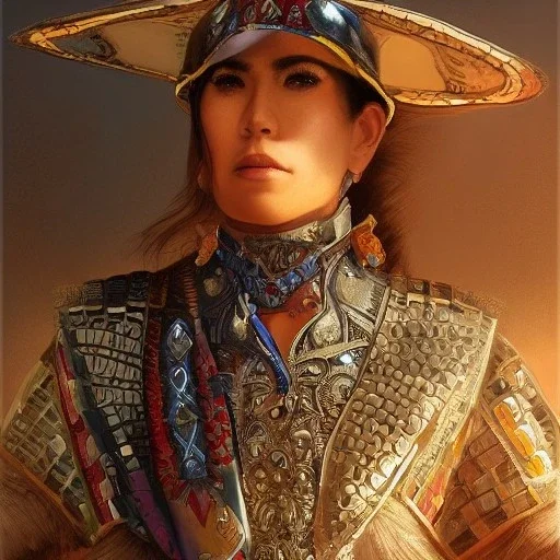 portrait,"Insanely detailed photograph of an armored gang of mariachi warriors", intricate chainmail charo, large colorful Sombrero,elegant cape, highly detailed D20, digital painting, artstation, concept art, smooth, sharp focus, illustration, art by artgerm and greg rutkowski and alphonse mucha, 8 k