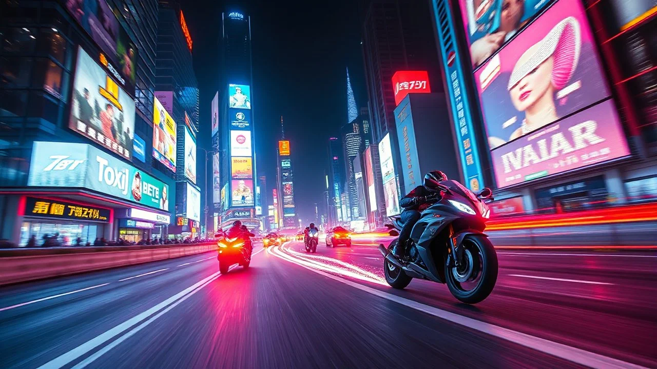 A futuristic race through a neon-lit city, where flying motorcycles leave trails of light as they zoom between towering holographic advertisements. Photographic quality and detail, award-winning image, beautiful composition.