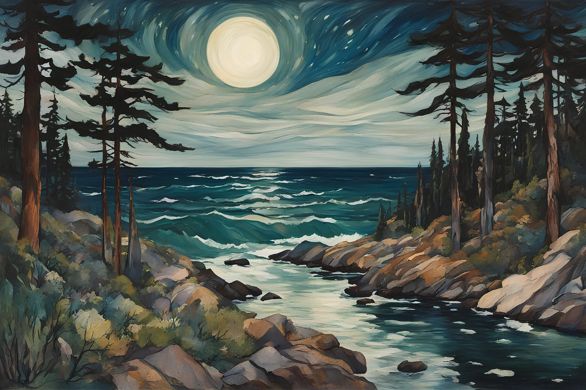 Painting of a lush coastal cedar forest along a rocky Pacific shore, beneath a star strewn summer night sky, in the Expressionist style of Egon Schiele, Oskar Kokoschka, and Franz Marc, in muted natural colors