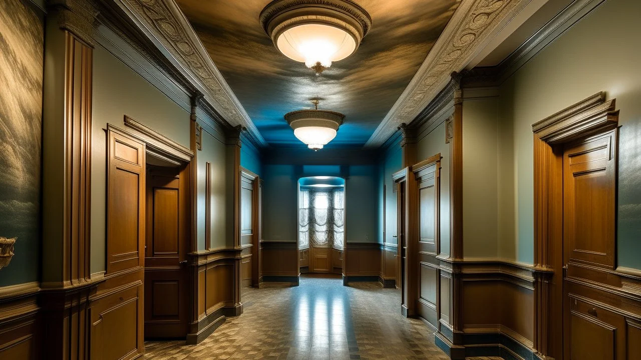 A room where doors lead to different historical eras and the ceiling is an inverted ocean.
