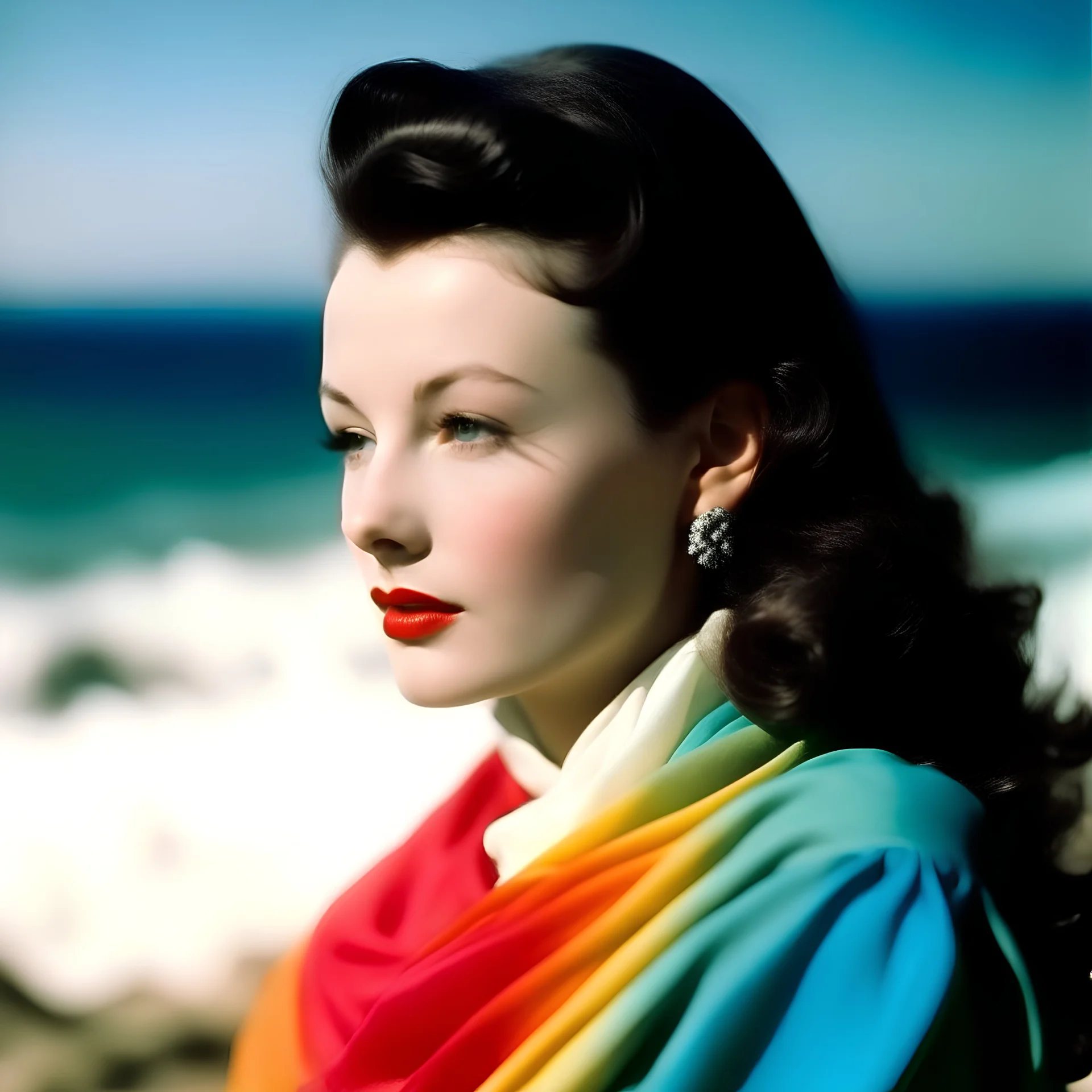 Vivien leigh A white curtain above the sea, turquoise, pink, orange, yellow, wind blowing