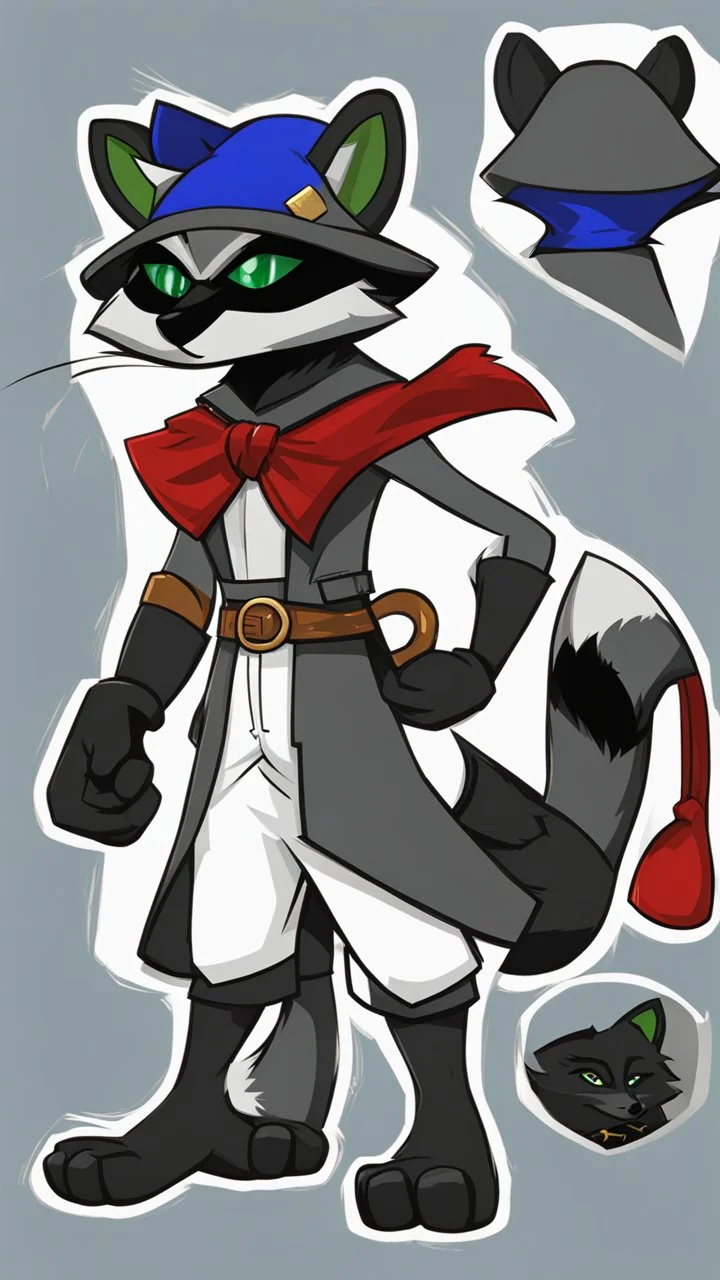 Make a Sly Cooper: Thieves in Time styled oc. He is a raccoon with sleek, charcoal-gray fur and emerald-green eyes. He has a sly and mischievous expression, with a black mask-like pattern around his eyes. He wears a tattered, dark blue bandit's outfit with a red sash and a feathered hat that adds to his roguish charm. He also sports a leather pouch at the base of his tail for carrying stolen treasures.