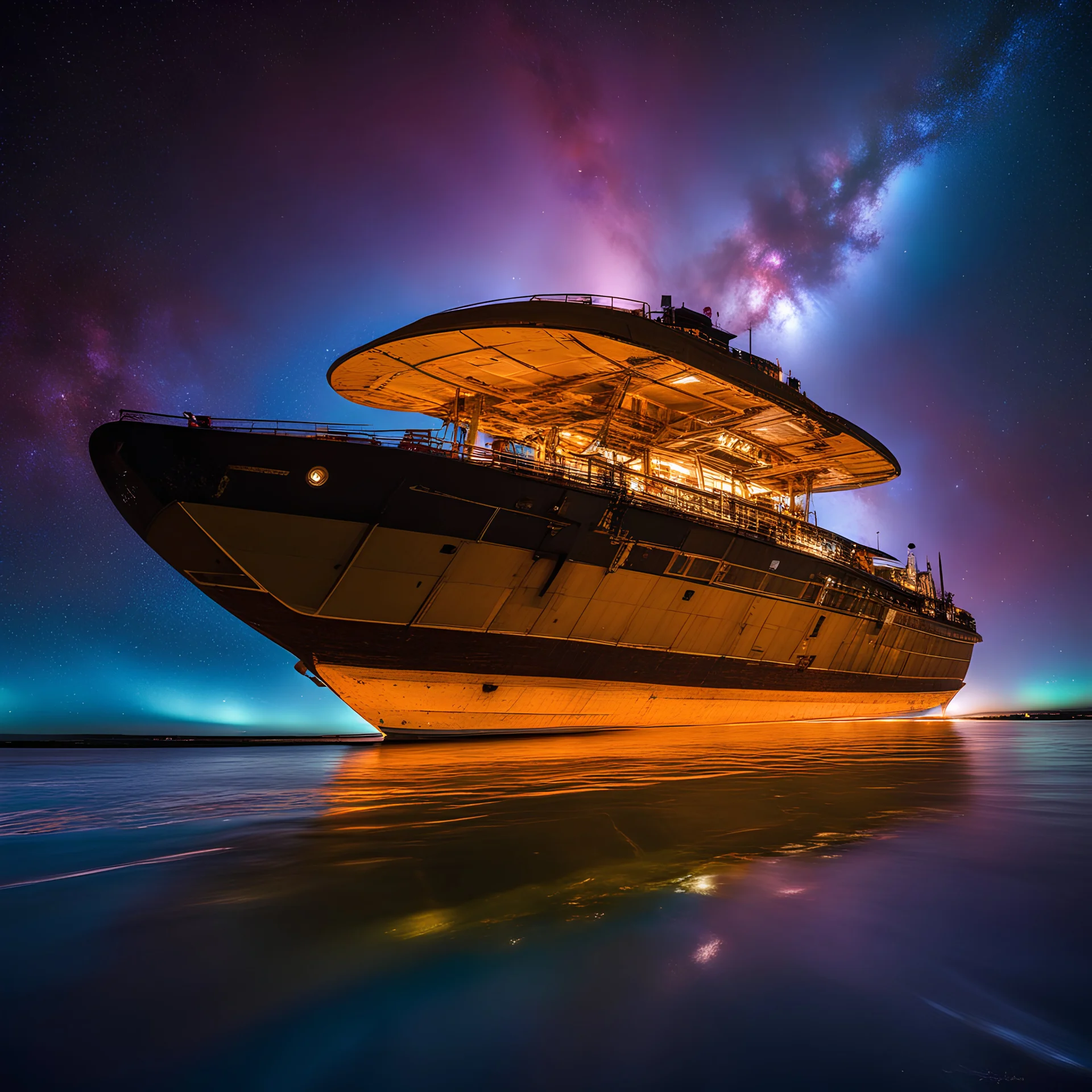 Cardboard ship lit by LEDs with a light from a solar garden lamp in the middle in the background a poster of the keel nebula. foto in long exposure with a y 360 huawei with the long exposure software. , by Jean-Paul Riopelle