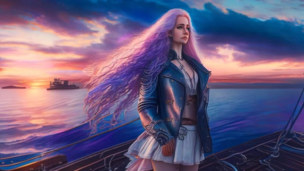 half body shot,realistic portrait of a 20-25 old caucasian model, long blue pink flowing hair, great grey eyes, blue leather jacket,full body, short white skirt,long legs,standing on deck of very big ship, beach of very nice lake with sunset ,clouds,godrayes