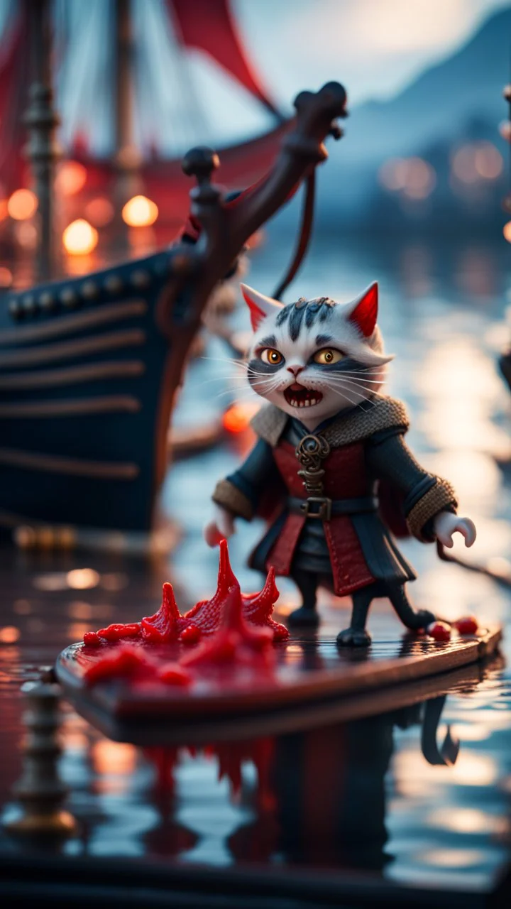 vampire sucking the blood of fish on a viking ship, on a glass pier cat walk,bokeh like f/0.8, tilt-shift lens 8k, high detail, smooth render, down-light, unreal engine, prize winning