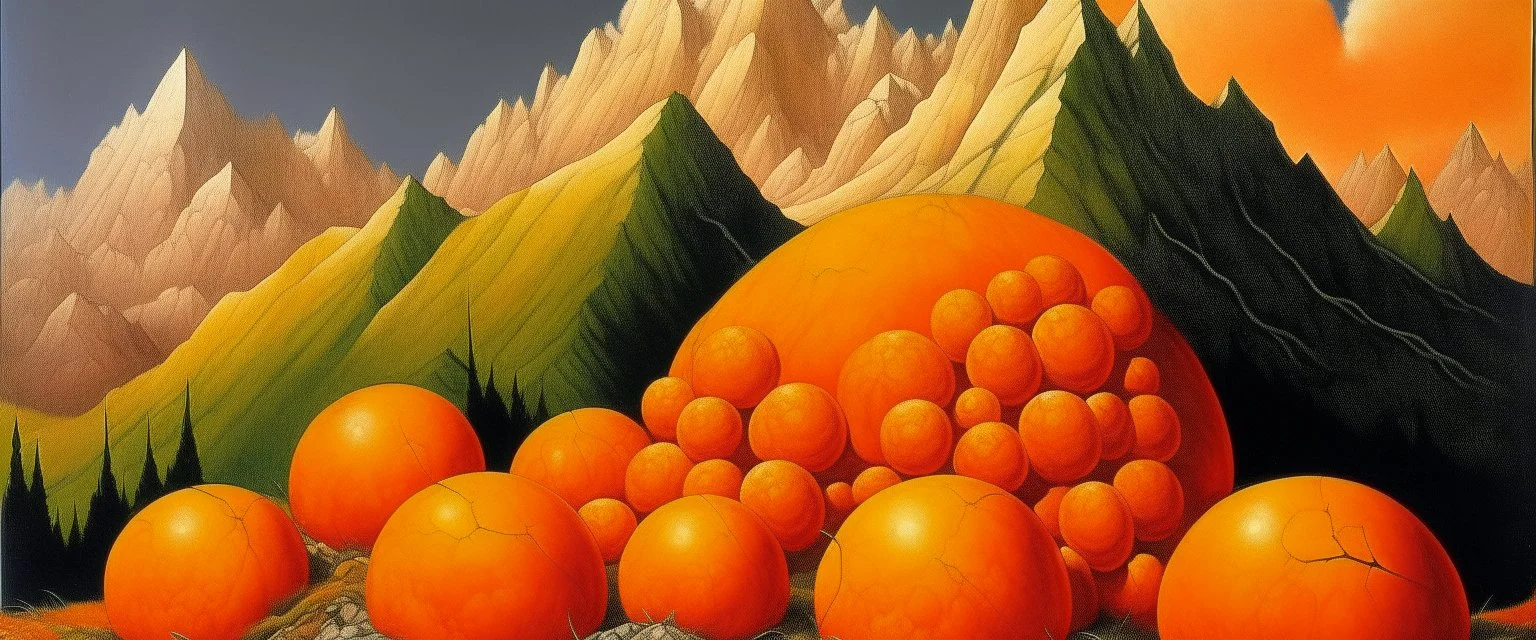 An orange color mountain with spike balls painted by Albrecht Durer