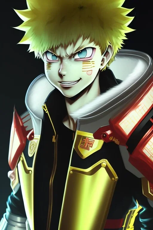 Detailed anime portrait of bakugo from my hero academia, gold hair and golden eyes, black suit, intricate details, full body portrait, keep head in frame, slight smile, black Japanese motif, concept art, highly detailed, digital painting, concept art, sharp focus, illustration, art by Yoji Shinkawa, WLOP and greg rutkowski and alphonse mucha and artgerm and yanjun Chen and Junji ito and Makoto Shinkai, HDR, octane render