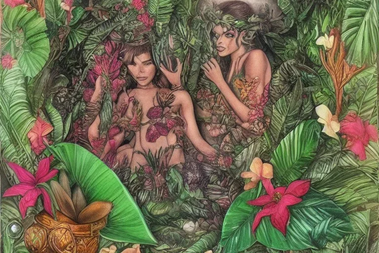 Lilith, Goddess, tropical flowers, realistic heart drawing, crystals, tropical leaves, sacred altar, Fantasy home.Enki Bilal