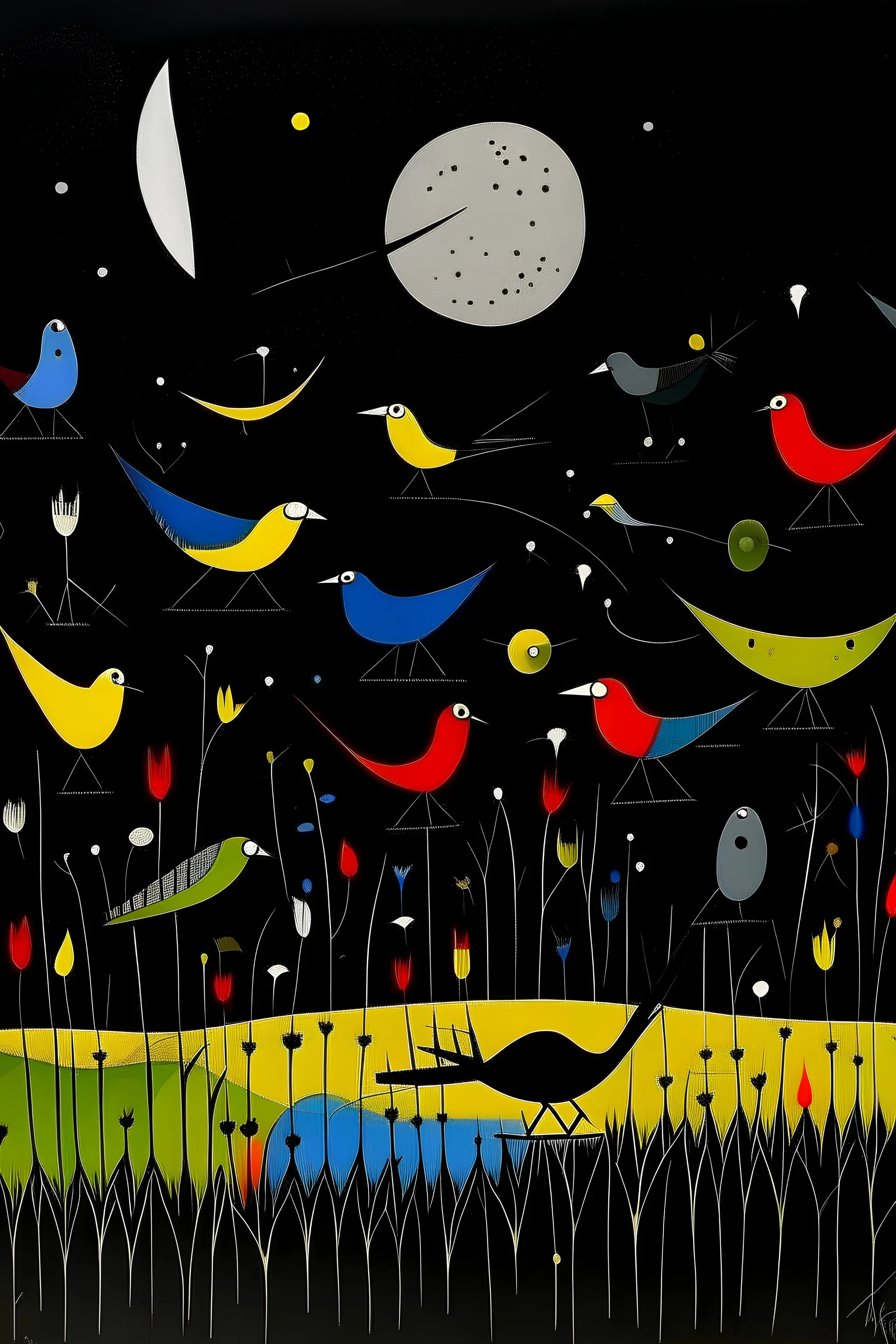 pajaros volando en un campo oscuro al estilo de Joan Miró