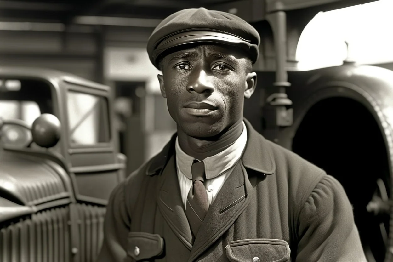 ww1 black driver talking close-up standing up looking to the camera, garage background