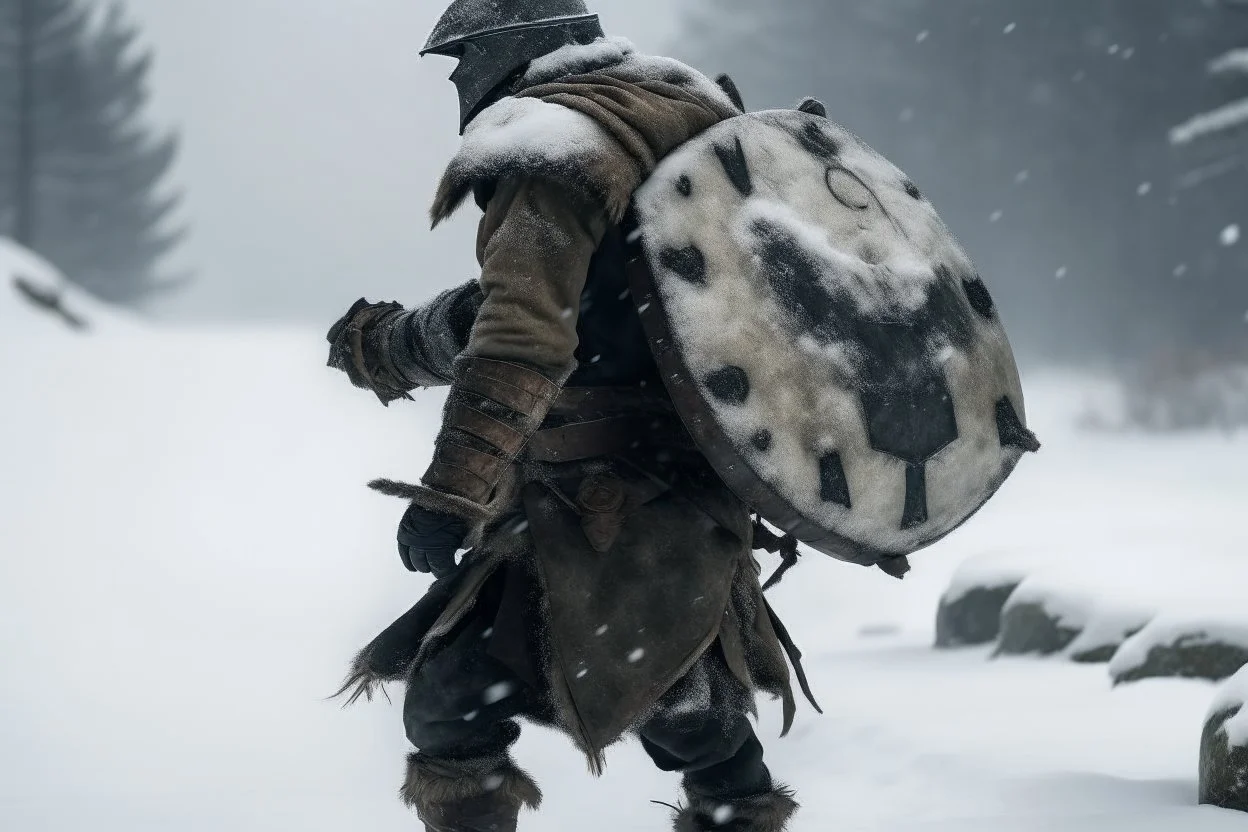 a man carrying a heavy ton boulder on his back, wearing warrior knight armour, walking in cold windy weather, leaving bloodstains on the snow, arrows shot stuck on his chest, dramatic