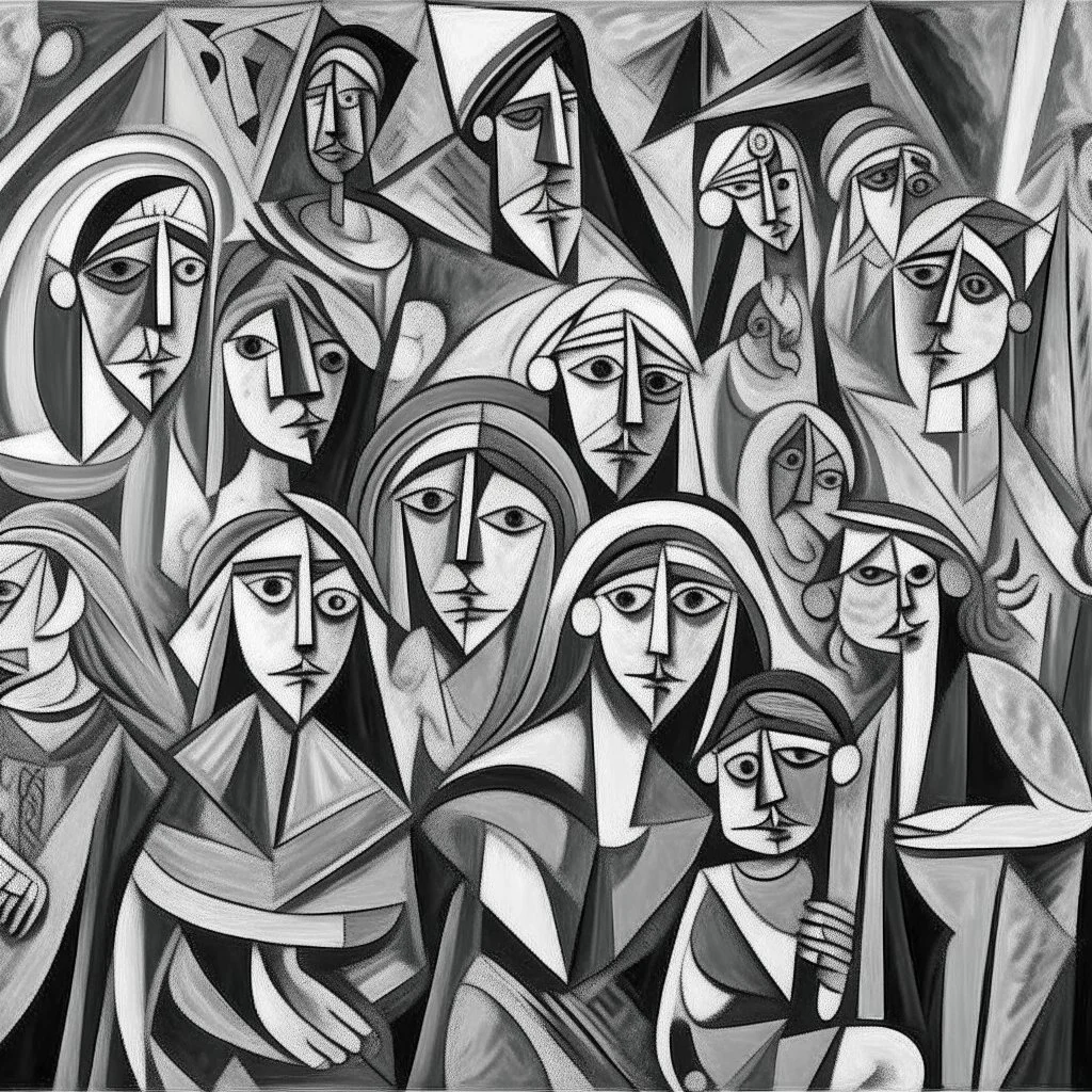 picasso cubism crowd of people black and white woman and child in middel