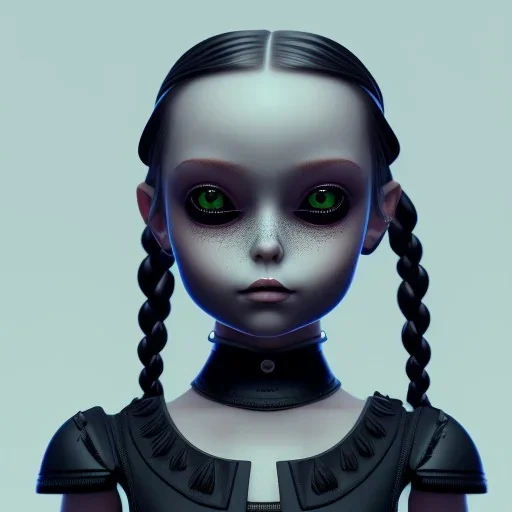 Wednesday Addams, Wednesday with braids standing with her arms crossed, dark, soft goth lip, hyper detail, octane render, unreal engine 5, photorealistic, 8k resulation