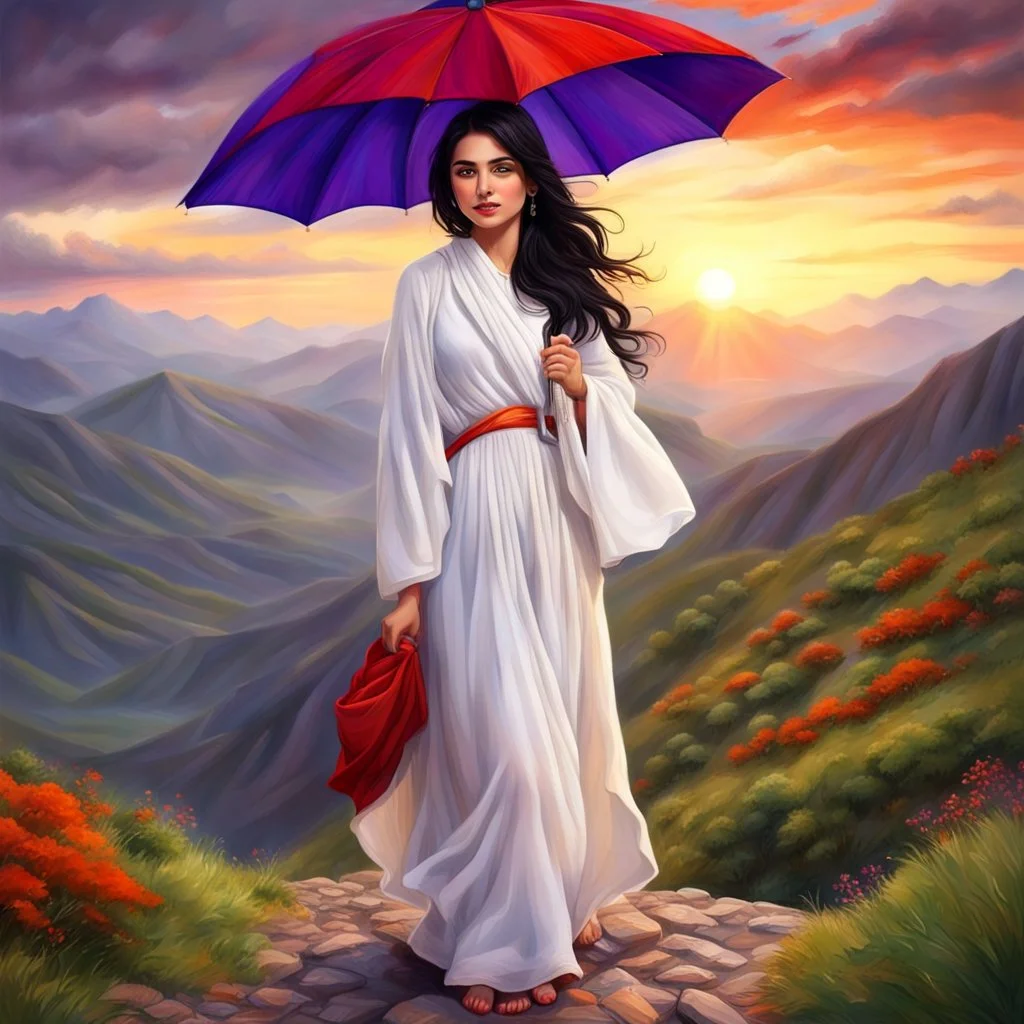 Hyper Realistic Beautiful Young Happy Pashto Woman With Beautiful-Green-Eyes-&-Black-Hair-&-A-Mole-on-Her-Face Wearing White-Frock & Purple-Shawl-With-Orange-Embroidery Carrying An Red Umbrella On Mountain-Top With Greenery & Breathtaking Cloudy Sunset Showing Dramatic & Cinematic Ambiance