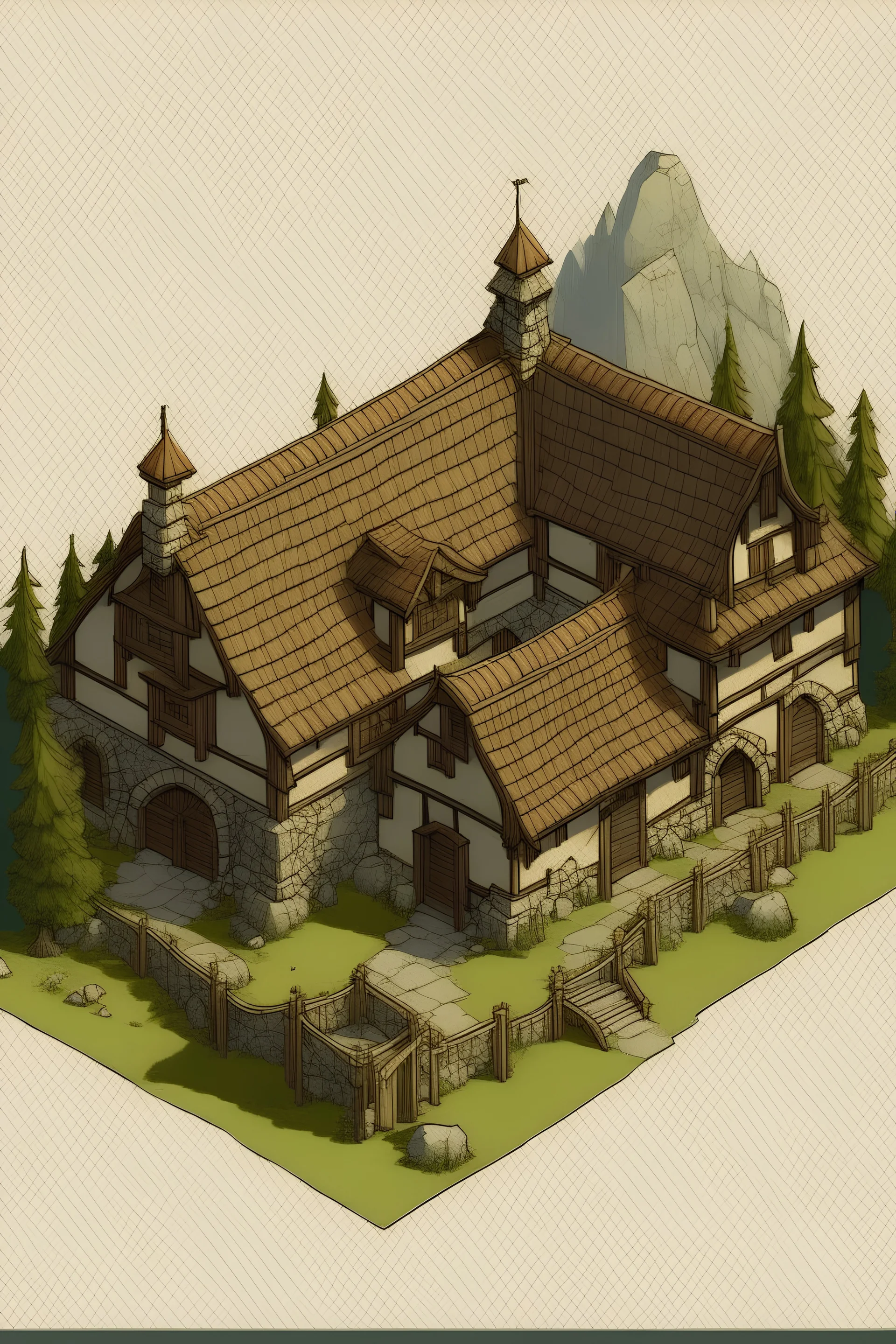 A plan to RPG a single-room, one-story building. Set in a medieval atmosphere amidst mountain scenery.