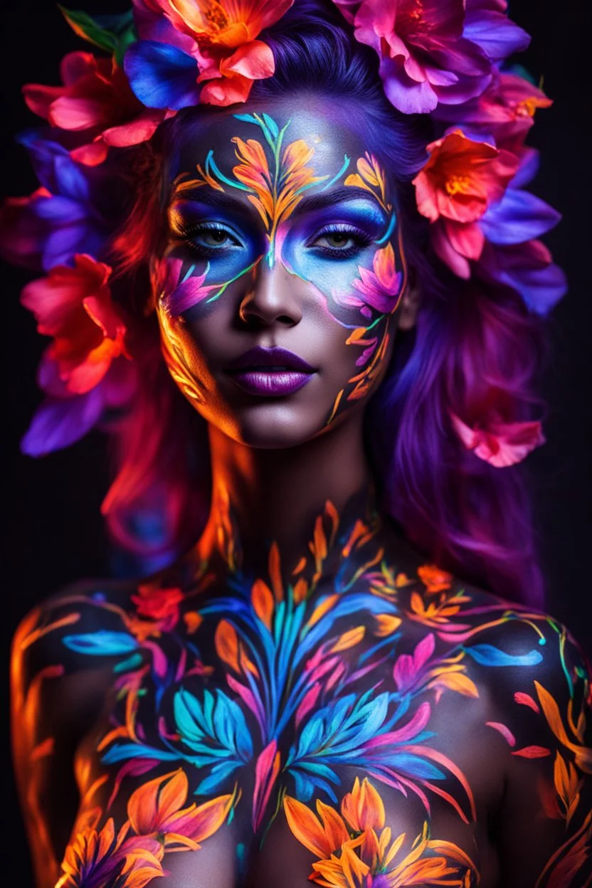 Beautiful woman with body painting art flowers neons glowing light in the dark and colorful details