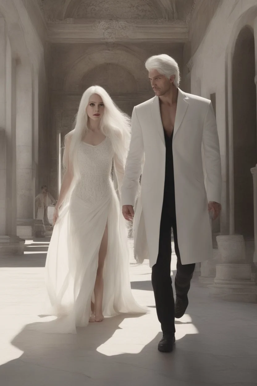 Woman with white hair wearing a white dress, walking down a sunlit stone hall, AND a handsome man in the background lurking in the shadows with long black hair