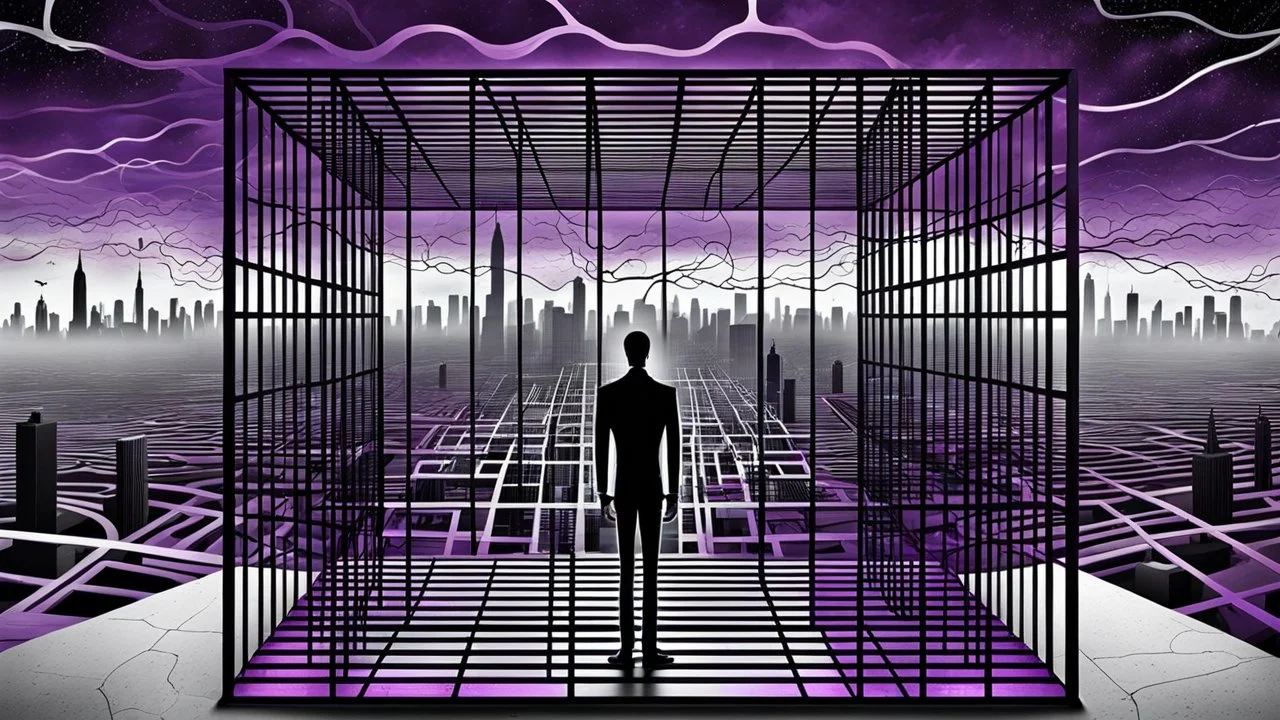 inner stands a human figure alone in an cube like cage with dense bars , in outside around in the distance big landscape with big city and many fade human figures in the city, dark purple, gray, black, white, brown. Whimsical style and surreal vibe, lonely with neuron network background, surreal stunning vibe