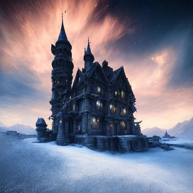 nightsky, blue, black, fields, abandoned buildings, ruins, cottage, gothic castle, metallic, gold, shiny,