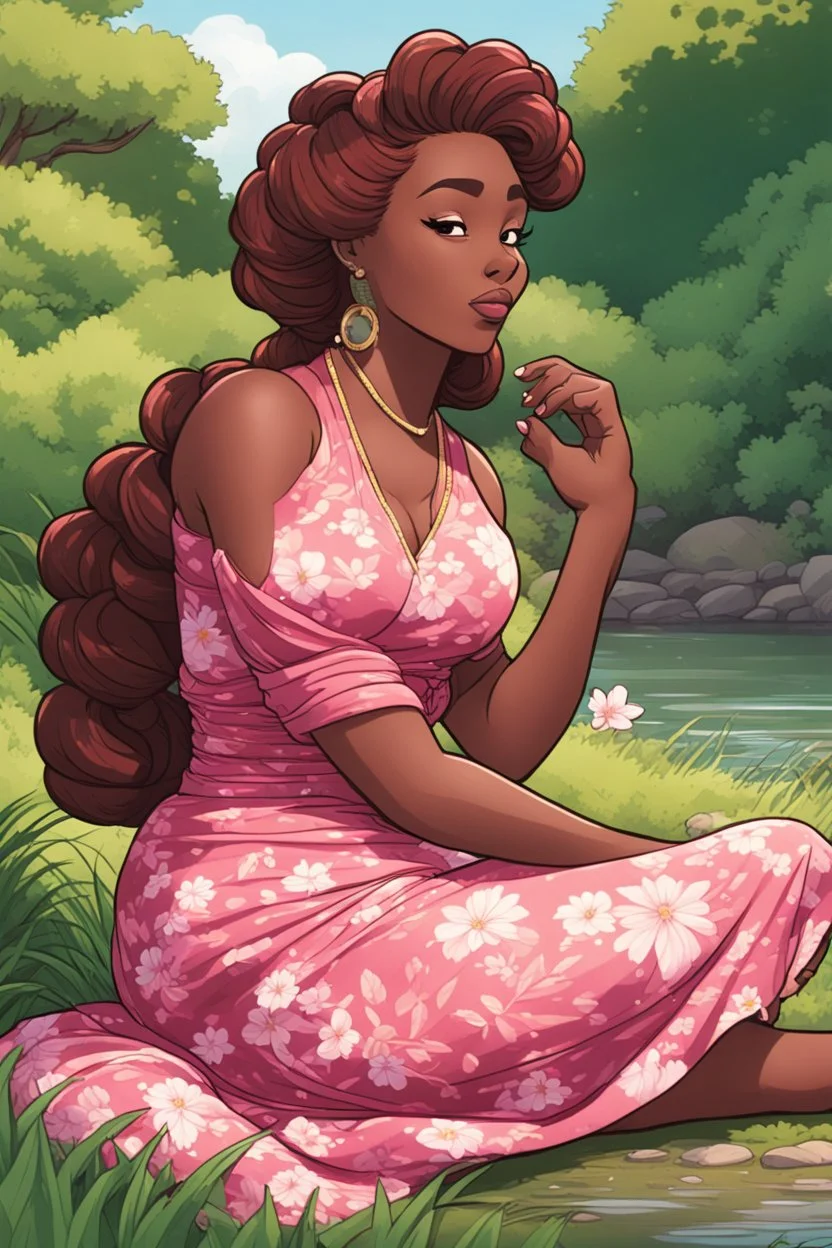 An comic book art illustration of a curvy black cartoon woman sitting relaxed on a sunny riverbank, lush green grass surrounding her. Facing left in profile, she has flowing chestnut hair styled in an elaborate braided twist. complementing the pink floral maxi dress wrapped snugly around her exaggerated curves. One hand touches her cheek lightly as she looks to the distance, brown eyes enhanced by long lashes and purple eyeshadow. Bold brown lips match the brown flowers on her dress