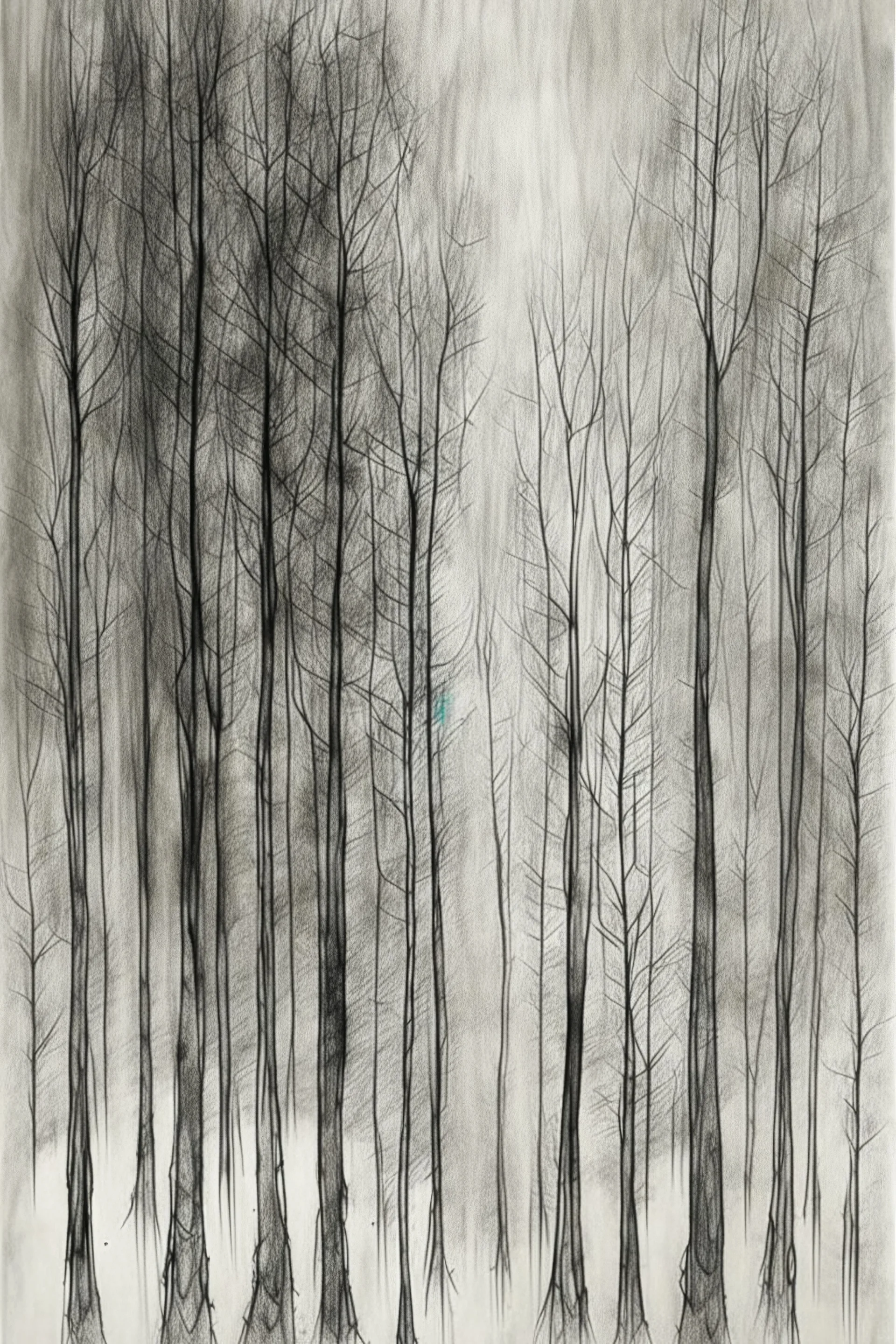 Minimalist rough abstract dusty Charcoal drawing of trees on a textured gesso background.