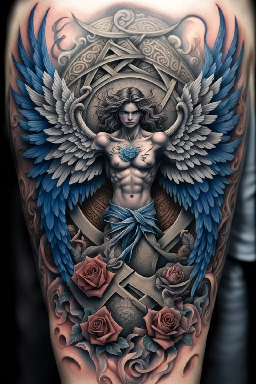 ultra realistic and highly detailed tattoo of a name written in the centre -"Jiu-Jitsu", a thick texturised cross with deep grains behind the writing, coming from the sides are two majestic angel wings almost sheltering the writing, chaotic and explosive background of intervining vines with thorns, few roses and rope knots, blue and grey colors, epic, 32k