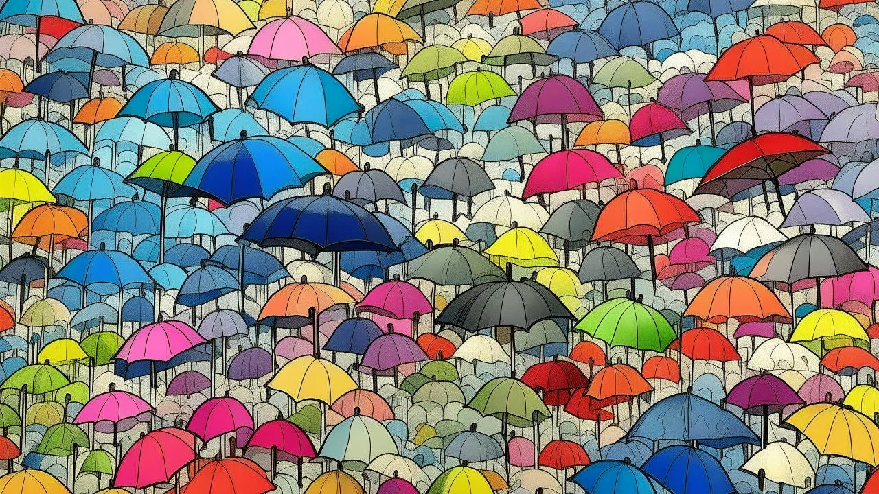 Cloudy sky. It's raining. The sky is fully filled with so many umbrellas of diverse colors.