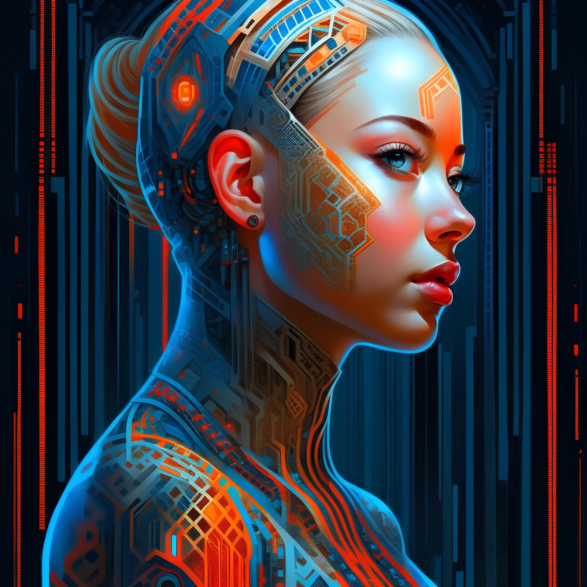 Ultra detalhado bonito androide feminino, retrato lateral, foco nítido, retrato vfx altamente detalhado, formas geométricas, iluminação global, por james jean e moebius e artgerm e liam brazier e victo ngai e tristan eaton. arte vetorial, ilustração digital, arte conceitual, dia de los muertos, HDR