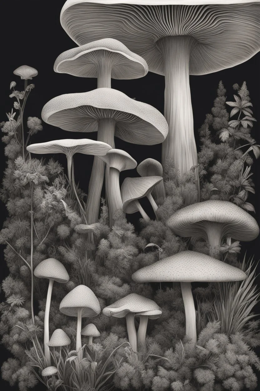 Explore a vibrant world of exotic flora and fauna, where towering mushrooms rise from a black liquid surface.