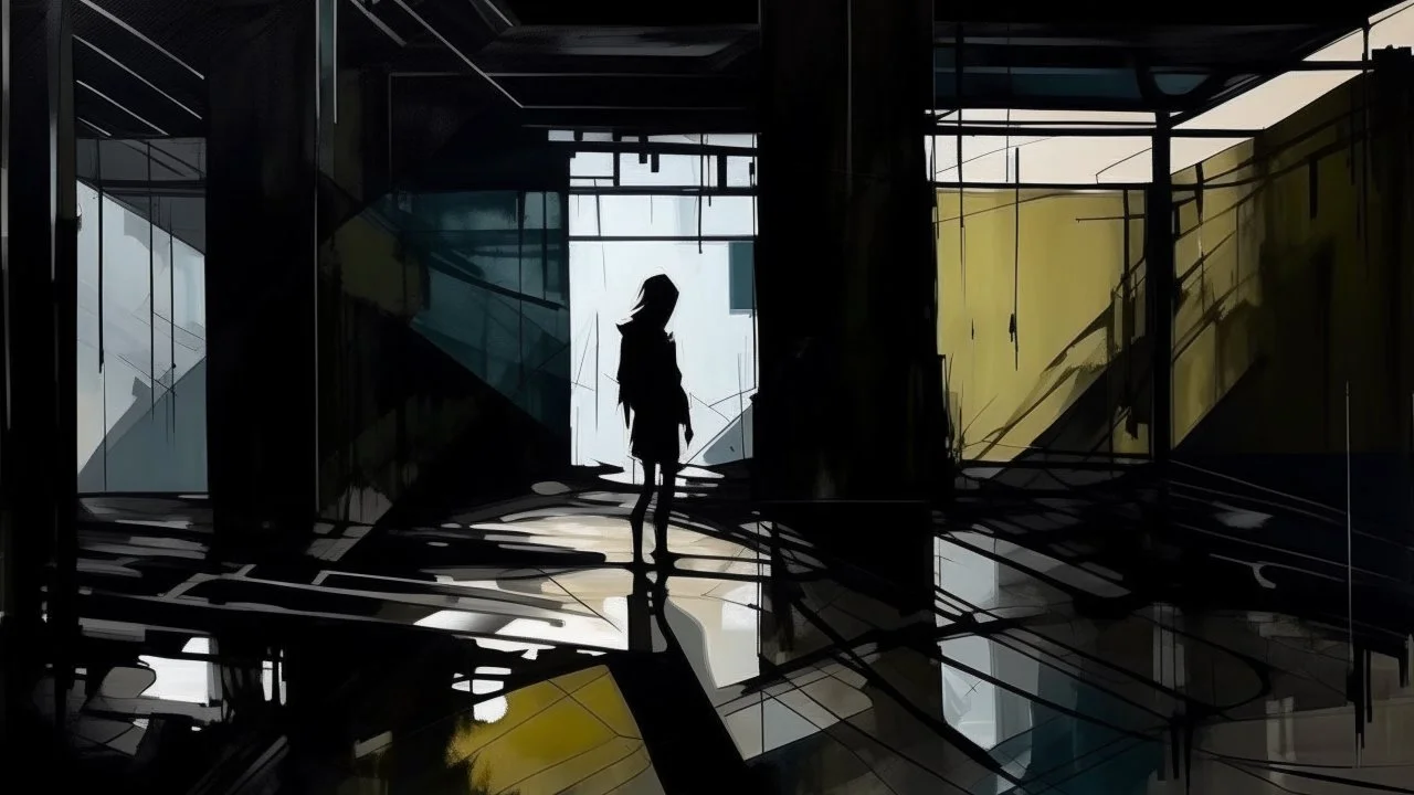 abstract painting, Dark Presence, abandoned spaces, dark silhouette, long shadows