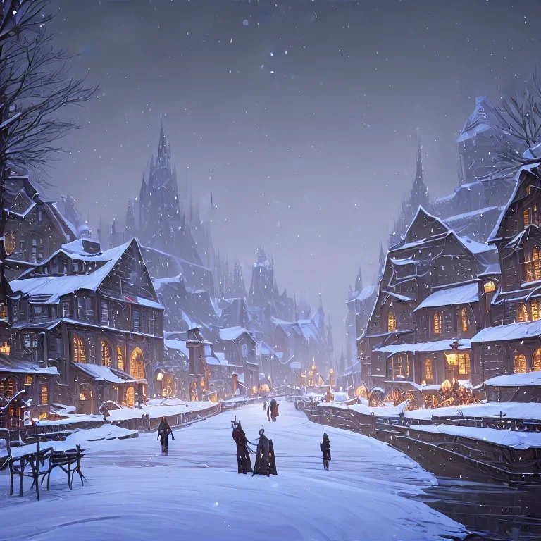 At Christmas magical snowy warlock gothic town with river canals