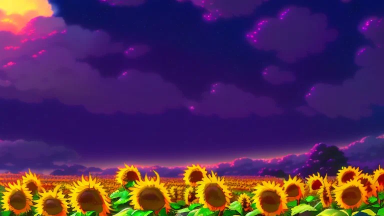 purple sky full of stars, sunflower field, anime, high res, makoto shinkai