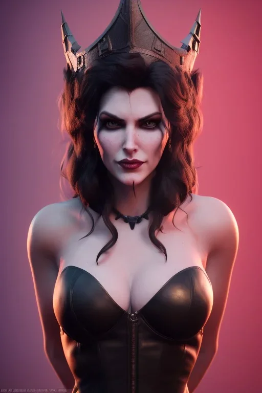 Amy Dumas as evil queen in black leather, leather, busty, cleavage, angry, rage, stern look. character design by cory loftis, fenghua zhong, ryohei hase, ismail inceoglu and ruan jia. unreal engine 5, artistic lighting, highly detailed, photorealistic, fantasy