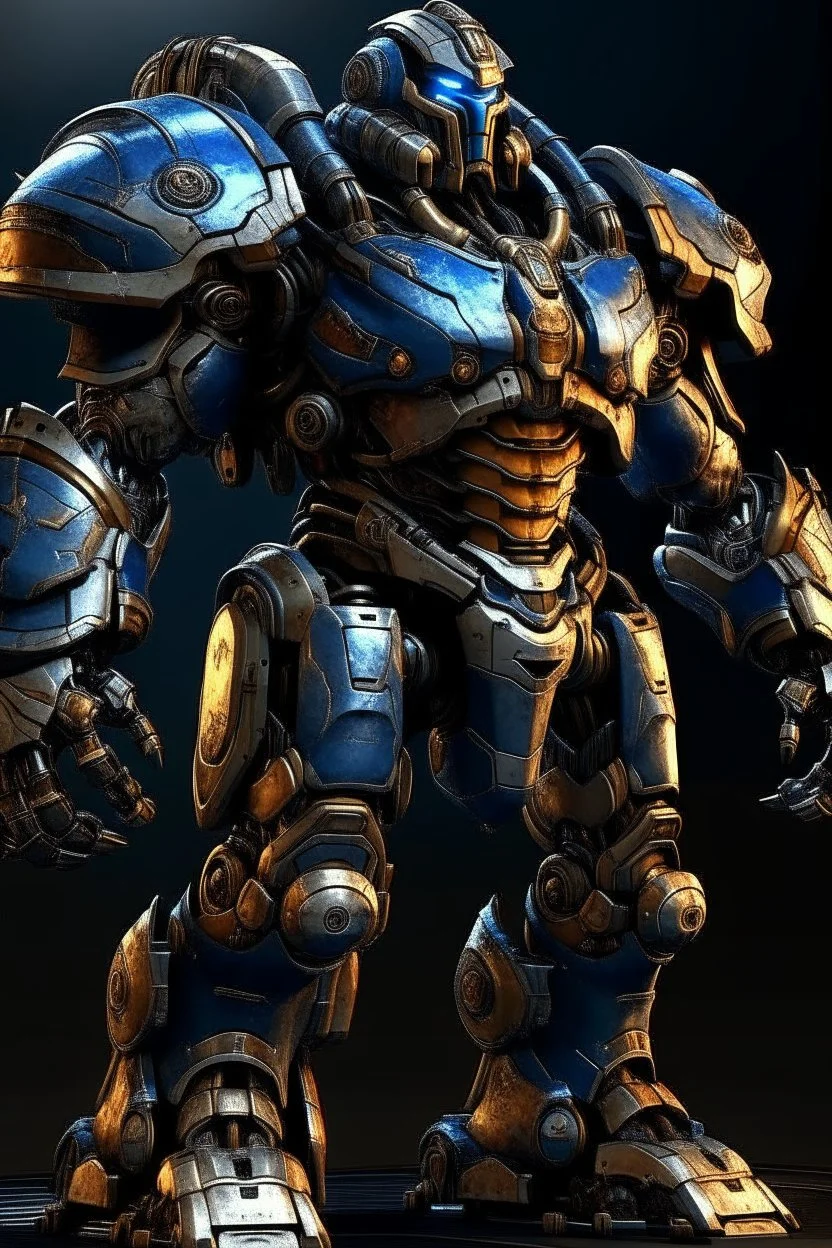 Ironclad stands at an imposing 8 feet tall and is heavily armored with a combination of sleek metallic plating and blue energy accents. His waist is snatched. His design is like Nullsector from Overwatch