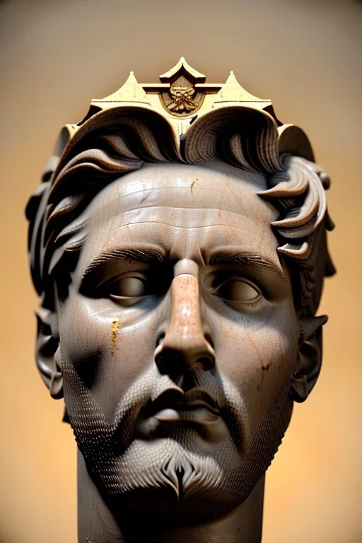 Ultra Realistic image, Roman sculpture, white marble material, Lionel Messi, gold Laurel leaves wreath, renaissance ornaments, one gold star in heart, chisel style, waist up portrait, epic, celestial, cinematic lighting, God light, god rays, 4k resolution, smooth details, ornate details, soft lighting, unreal engine 5, marble background.