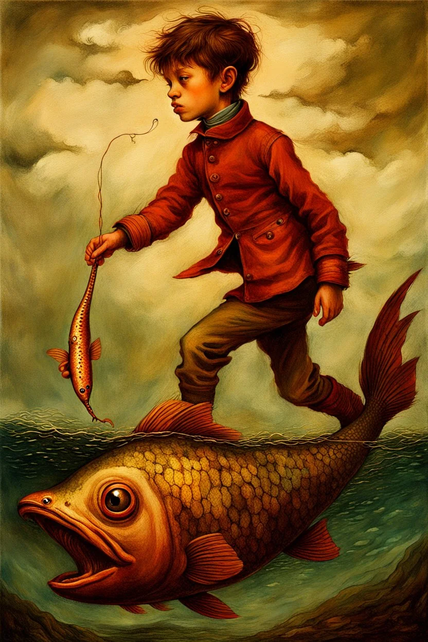 a painting of a young boy riding a fish, a storybook illustration by Esao Andrews, cgsociety, pop surrealism, storybook illustration, whimsical, detailed painting, ukiyo-e style