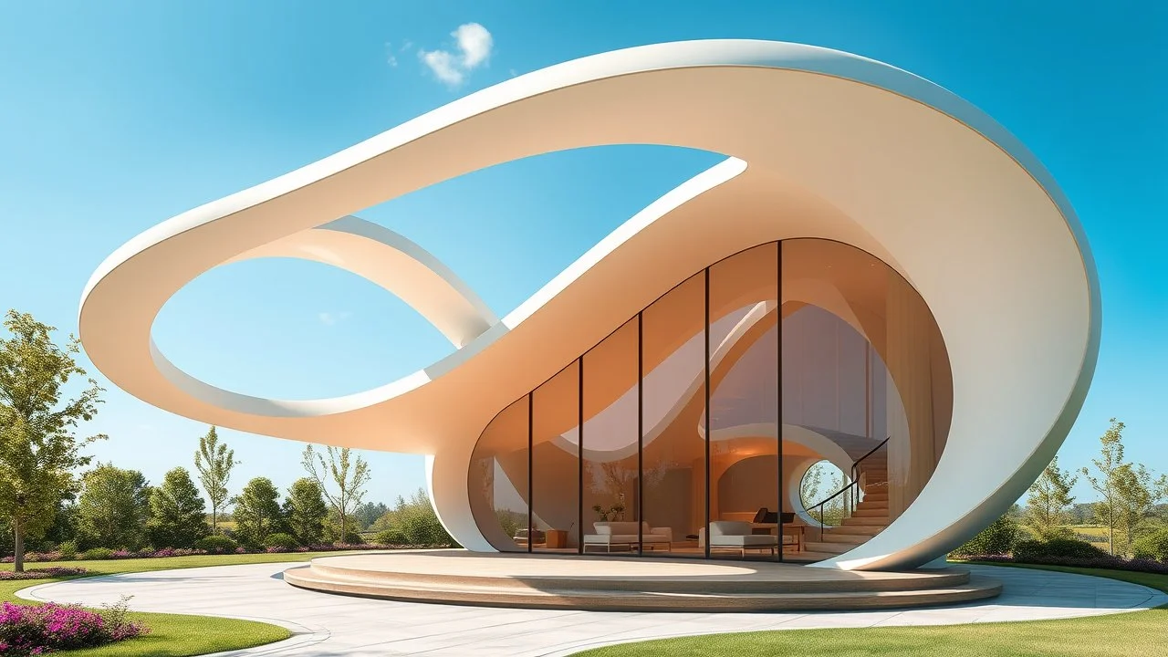 A beautiful unique pavilion shaped like a lemniscate (figure-eight curve), with a continuous flowing loop that creates interconnected spaces. The roof gently rises and falls in harmony with the curve. Ther structure's colouration is reminiscent of a rainbow. Large, open-air windows allow natural light to flood into the building. The interior features rounded, organic forms that follow the curve of the lemniscate. The effect is calm, comforting, protective and delightful. Award-winning photograph