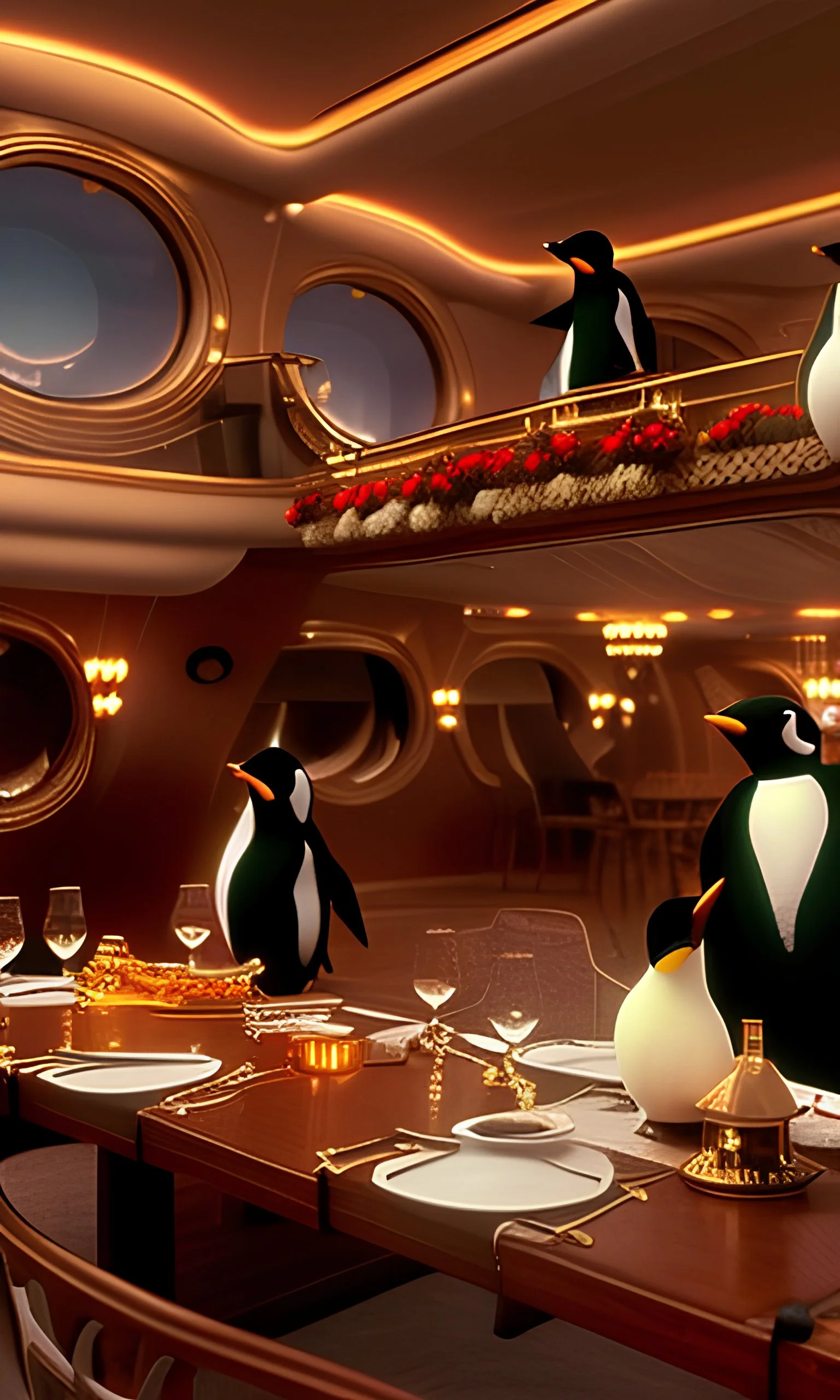 scene from titanic but with lots pinguins