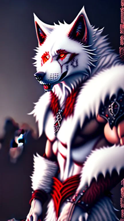 Feral, White fur, Werewolf, Red eyes, character, waist up portrait, oil on canvas, expert, insanely detailed, 4k resolution, cinematic smooth, intricate detail,