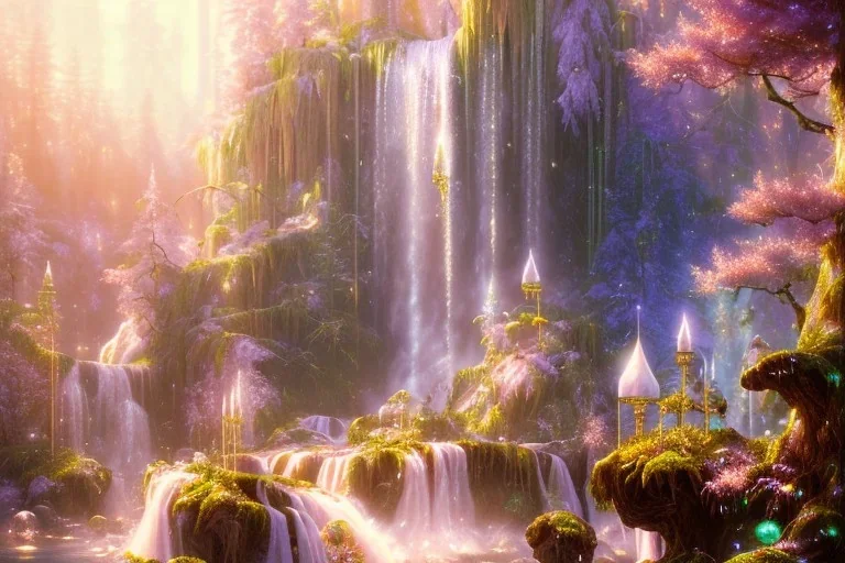  white and gold crystal cosmic ambiance，waterfall, full of details, smooth, bright sunshine，soft light atmosphere, light effect，vaporwave colorful, concept art, smooth, extremely sharp detail, finely tuned detail, ultra high definition, 8 k, unreal engine 5, ultra sharp focus