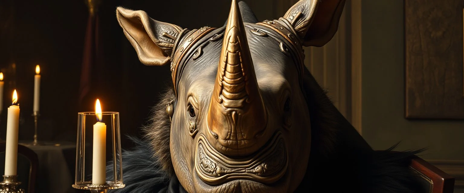 close up portrait painted by Rembrandt, stupid looking furry dragon lich rhino at banquet
