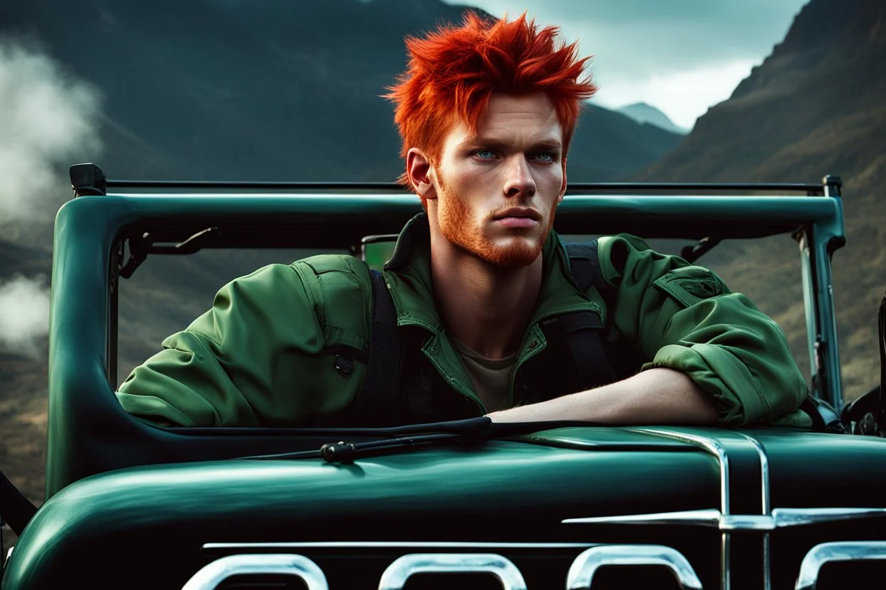 young rough and rugged male photorealistic red hair and green eyes smirking expression sitting in a jeep