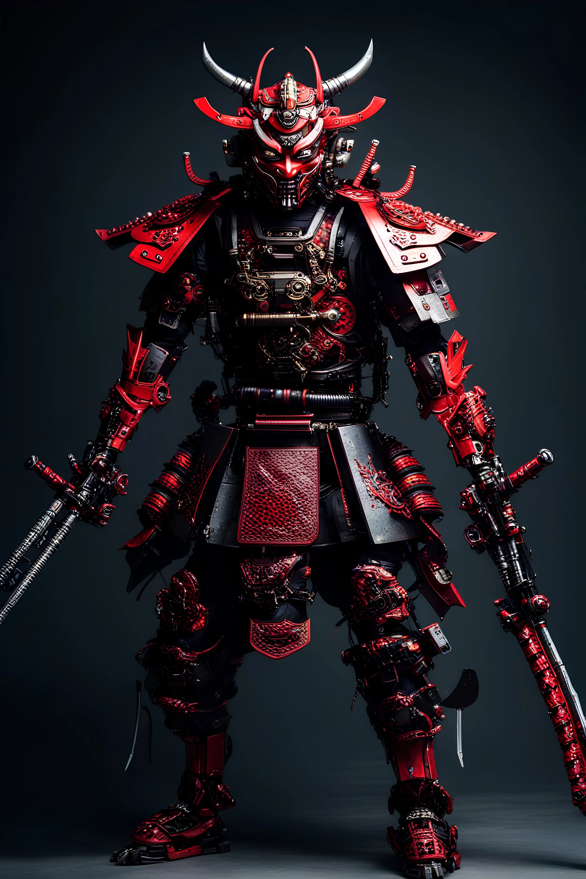 Samurai cyborg com armadura preta e vermelha e máscara hannya na face, corpo inteiro, um braço humano e um braço robótico portando katanas e metralhadoras, pernas mecânicas