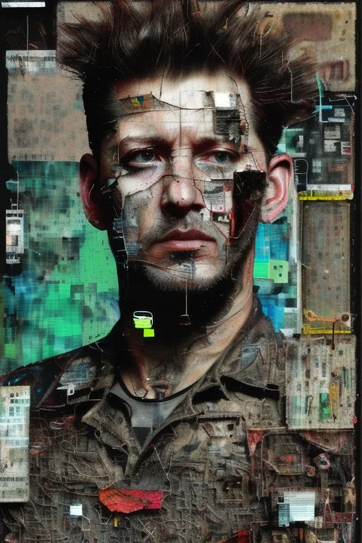 Zoomed in, Ultra detailed medium portrait painting of a tired man, unshaved, worried look, suicidal, broken, torn up collage of clippings, broken circuitry background, matrix effects, punk visual art, punk art aesthetic, graffiti art, pop surrealism, collage art, cluttered paint glitches