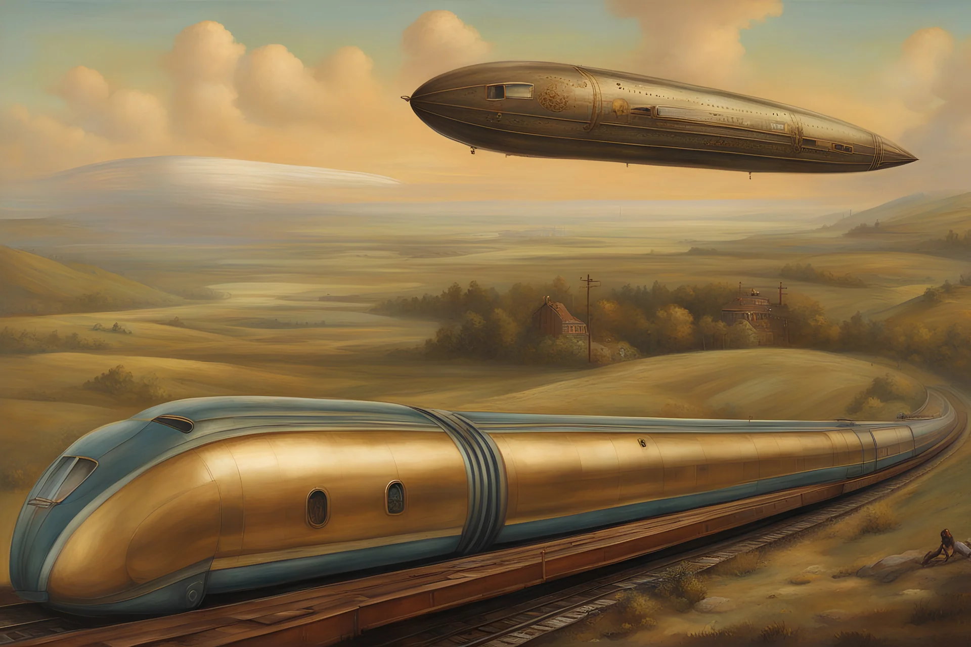 Renaissance painting of a bullet train steampunk landscape near a zeppelin